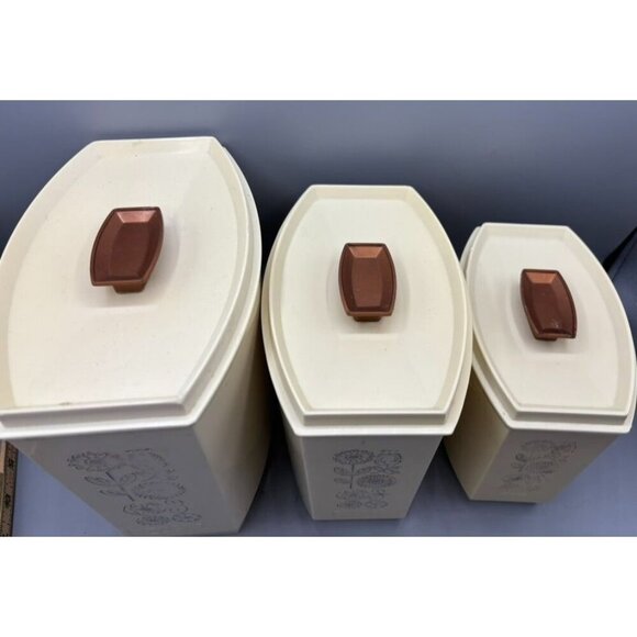 Vintage 1970s Lustroware 3 Pc Canister Set Plastic Floral Beige Nesting - Picture 6 of 11